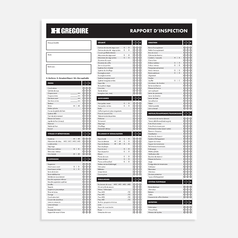Feuille d'inspection 150 points